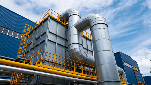 Industrial dust collector and air filtration system with large ducts and pipes, factory ventilation and pollution control concept, with copy space