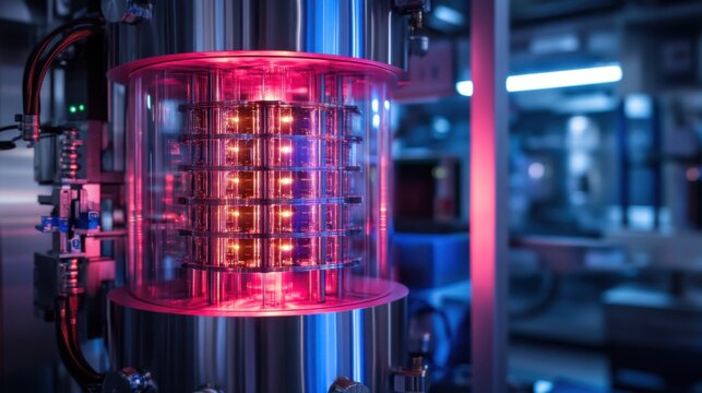 Futuristic quantum computer core with neon glow in a high-tech laboratory setting