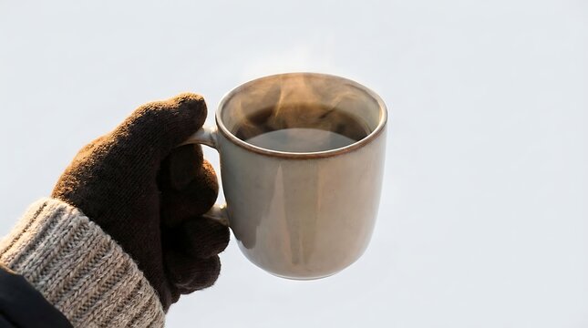 A gloved hand holds a steaming hot cup of coffee on a cold winter day