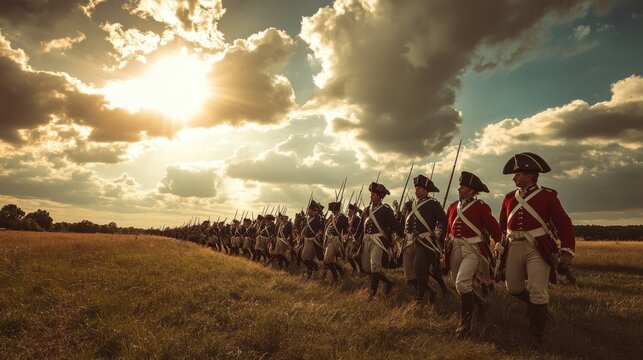 Historical reenactment of soldiers marching under dramatic sky