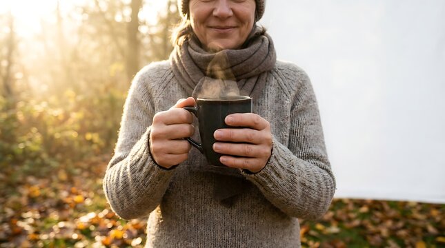 A woman in a cozy sweater and scarf enjoys a steaming cup of coffee or tea on a crisp autumn day outdoors.