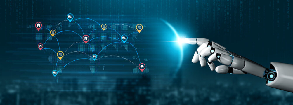 Hand of a robotic arm pointing at digital network connections represented by location markers against a futuristic city skyline background. Entropy.