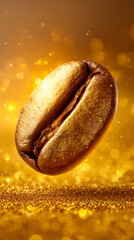 Coffee bean floating in golden light. A coffee bean is floating above a glittering surface in a warm gold light.