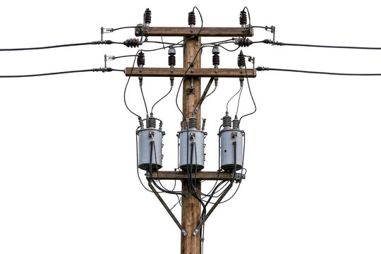 Electrical wooden utility pole with transformers and power lines as isolated on transparent background