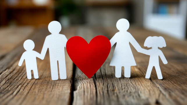 Heart-shaped family figures on wood. Wooden table shows white figures of a family with a red heart in the center. The scene reflects unity and connection.