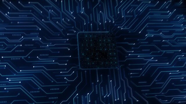Dark electronic circuit animation glowing traces, chip area, precise board line geometry advanced technology processor demos, computing themes, engineering explainers, network graphics, sci tech
