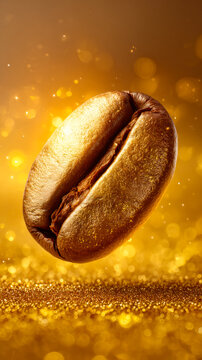 Coffee bean floating in golden light. A coffee bean is floating above a glittering surface in a warm gold light.