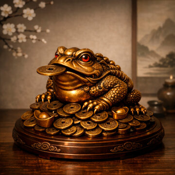 Golden Feng Shui money frog statue holding a coin in its mouth placed on a stack of ancient coins for attracting wealth and good luck in home decor