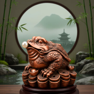 Bronze three-legged money toad statue sitting on a pile of coins symbolizing wealth and prosperity in Feng Shui philosophy against a zen garden background