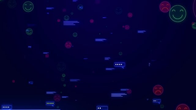 Neon reaction icons float deep blue space with comment panels, rating stars, mixed happy unhappy faces. feedback review analytics, social engagement, support promos, opinion polls, and digital app