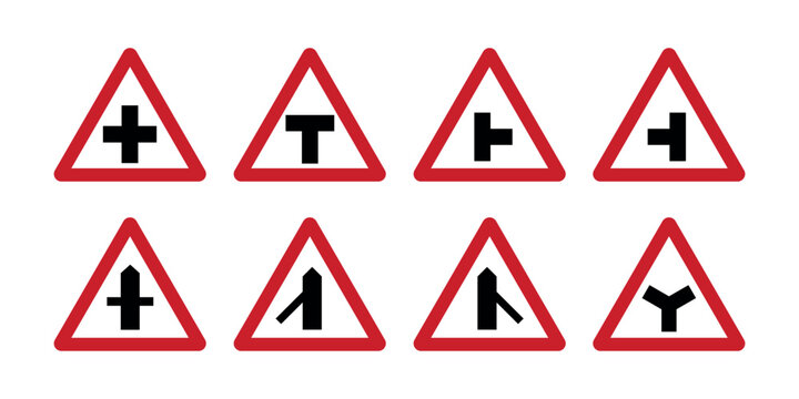 Road Intersection Warning Signs Set, Crossroads, T Junction, Side Road and Y Junction Traffic Symbols Vector Collection