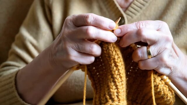 Woman hands knitting warm yellow sweater with natural wooden needles