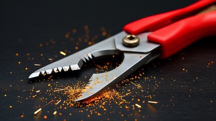 Obraz premium Wire cutters severing a red electric cable with sparks flying from the cutting edge