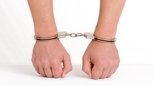 Two human hands bound in silver restraints against a clean, bright white background, symbolizing restriction, law, and justice concepts