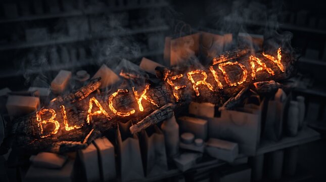 Black Friday sale concept. The words Black Friday are on fire among a pile of retail boxes and products. Smoke rises, symbolizing intense shopping and discounts