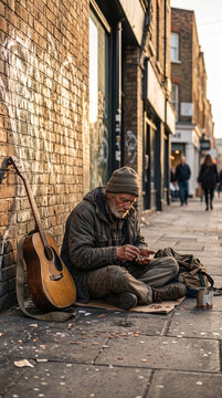 Homeless man counting coins on a city sidewalk