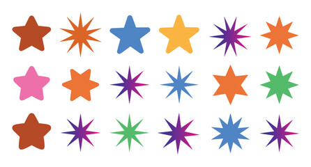 Collection of Sparkling Stars: A vibrant and diverse collection of stylized stars in various colors and shapes, perfect for adding a touch of magic and brilliance to any design. © Itz Buddha 