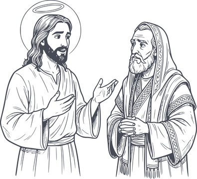 hand drawn illustration of jesus christ talking to nicodemus in black fill style with no white fills included