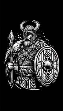 Viking warrior with spear and shield illustration