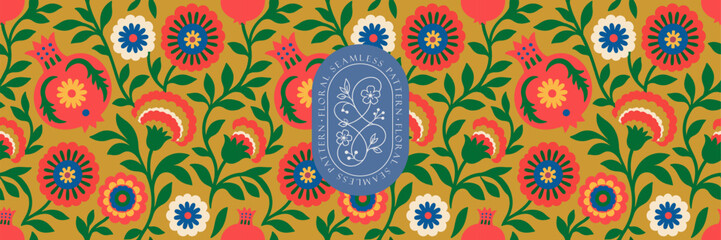 Floral seamless pattern. Vector bold naive abstract illustrations of stylized flowers, pomegranate, carnation flower and leaves for background, wallpaper, packaging, wrapping paper, textile, label and © Ardea-studio