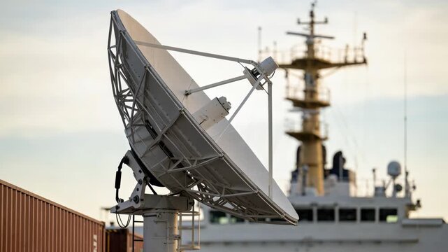 Focused medium shot of a stabilized satellite dish on a cargo ship highlighting the technology against a softly outoffocus ship mast and sky.