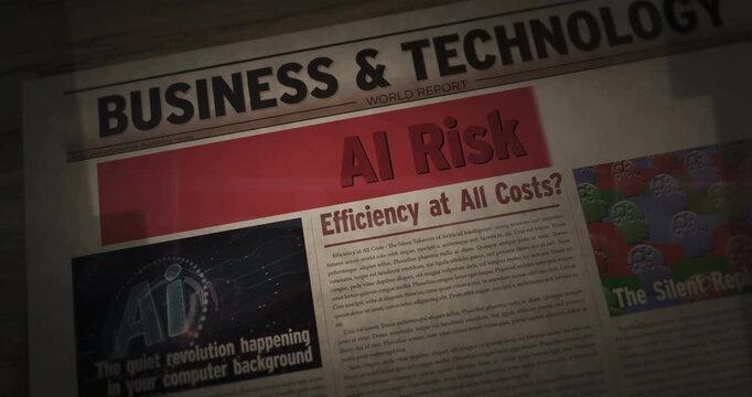 Ai risk breaking news. Artificial intelligence risks headline newspaper. Highlighting information media print with marked title.