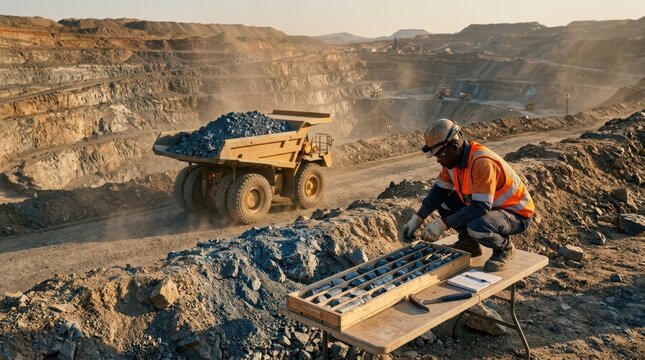 Open-pit cobalt mine with haul truck, terraced rock benches, ore fragments, dust haze, and a worker inspecting drill core samples