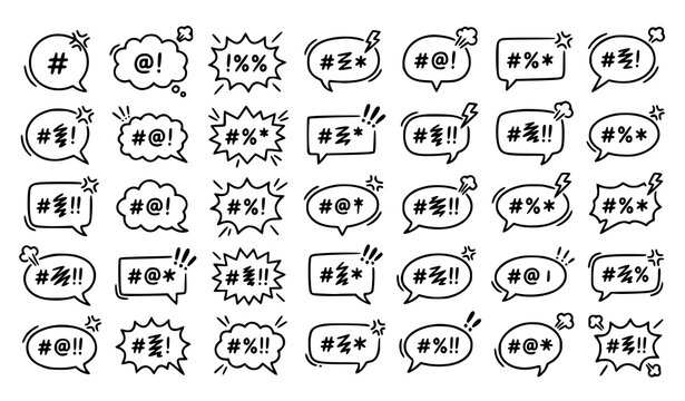 Hand Drawn Comic Speech Bubble Icon Collection with Censored Swear Symbols, Angry Chat Balloons, Explosive Callouts and Cartoon Dialogue Vector Set