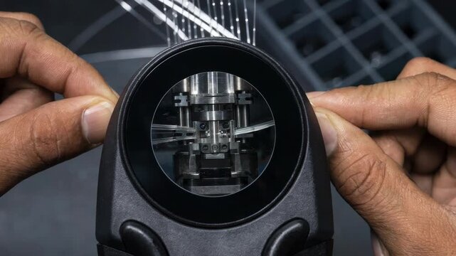 Closeup on fiber fusion splicer screen displaying alignment process as hands adjust glass fibers with an outoffocus indoor splice tray in the background.