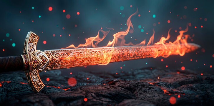 Glowing fantasy sword with a burning blade resting on hot charcoal embers with sparks flying in the dark creating a dramatic atmosphere [copy space]
