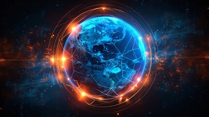 Naklejka premium Illuminated blue digital globe featuring radiant orange connection lines across the surface