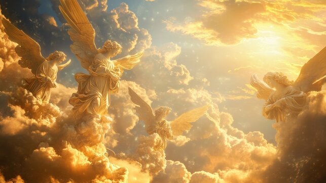 Heavenly scene with glorious angels amidst golden clouds and radiant sunlight