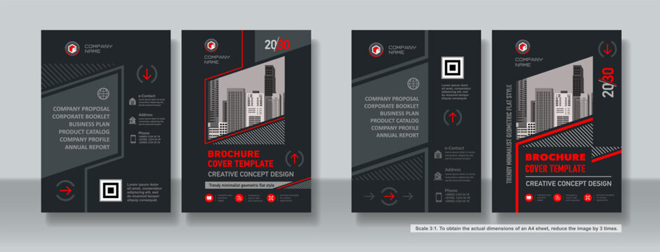 Brochure cover creative design. Multipurpose universal template, include cover and back pages. 
Trendy flat geometric style. Two sample layouts and color schemes. Vertical book a4 format. Scale 3:1