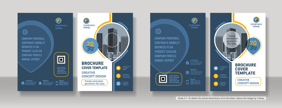 Brochure cover creative design. Multipurpose universal template, include cover and back pages. 
Trendy flat geometric style. Two sample layouts and color schemes. Vertical book a4 format. Scale 3:1