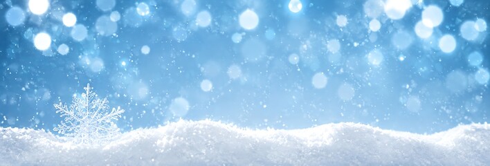 Fototapeta premium A magical winter scene with a delicate snowflake resting on a snowdrift, illuminated by shimmering bokeh lights. The blue tones evoke a sense of serene coldness and festive wonder