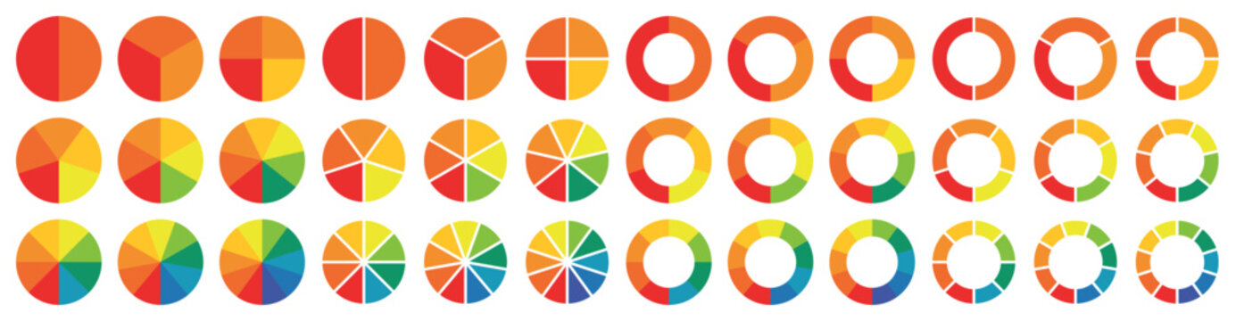 Collection of colorful pie charts, donut charts and segmented circular diagrams for business analytics, dashboard interfaces, presentation graphics and modern infographic templates collection