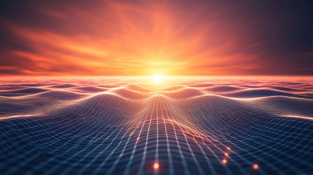 Futuristic sunset over digital grid landscape with vibrant colors
