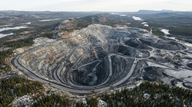Aerial view of an open-pit graphite mine with terraced benches, haul roads, ore stockpiles, and frozen boreal forest under a pale sky