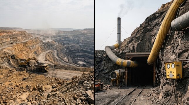 Split view of open-pit coal mining and underground mine portal with ventilation ducting, methane monitor, dust, spoil, and vent stack vapor.