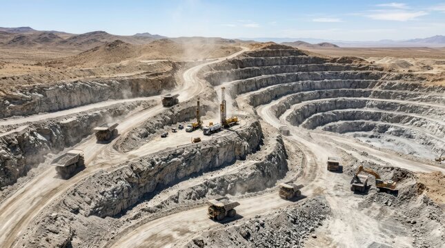 Drone view of a terraced desert quarry with haul trucks, drill rig, rock benches, and dust trails during tungsten prospecting
