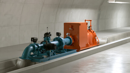 Naklejka premium Industrial water pump and motor assembly in a concrete tunnel or underground facility, showcasing modern engineering and infrastructure design