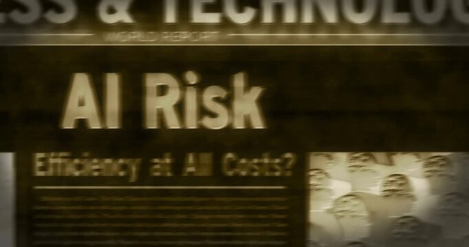 Ai risk breaking news on vintage microfilm reader. Artificial intelligence risks title headline newspaper on retro microfishe. Information media print looped animation. 