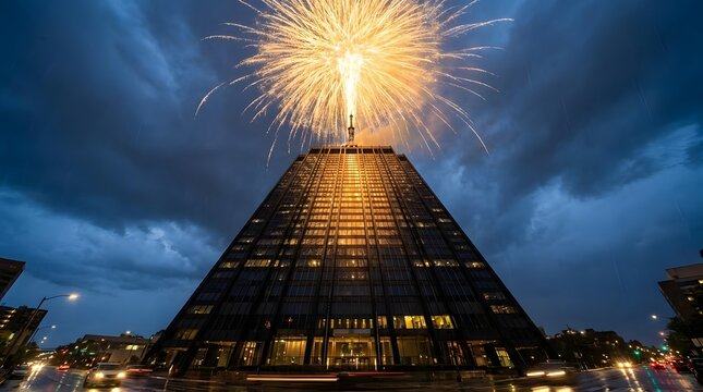 Fireworks exploding over a tall skyscraper at night