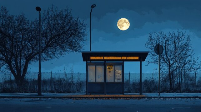Moonlit night at empty bus stop with autumn leaves and streetlight glow