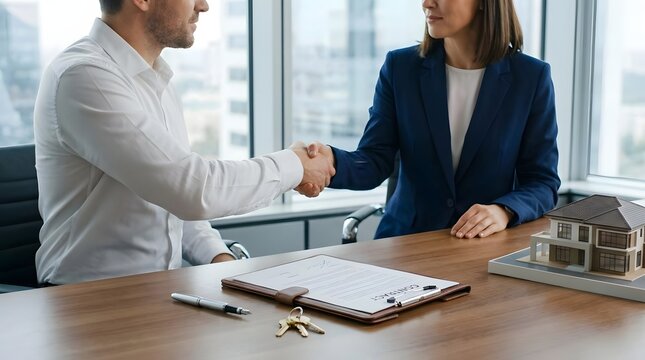 Man and woman shaking hands over real estate contract