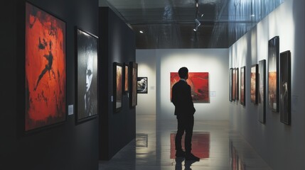 Fototapeta premium Contemporary art gallery visit with diverse viewers observing modern exhibits