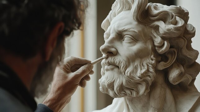 Male sculptor carving detailed statue face with precision and skill