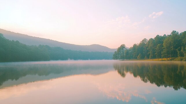 Tranquil mountain lake at sunset with vibrant reflections and serene atmosphere