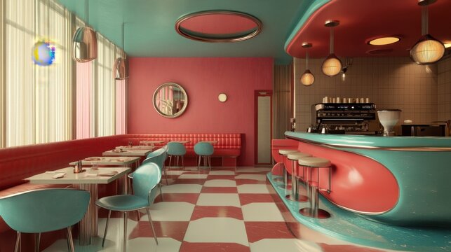 Retro futuristic diner interior with orange and turquoise design