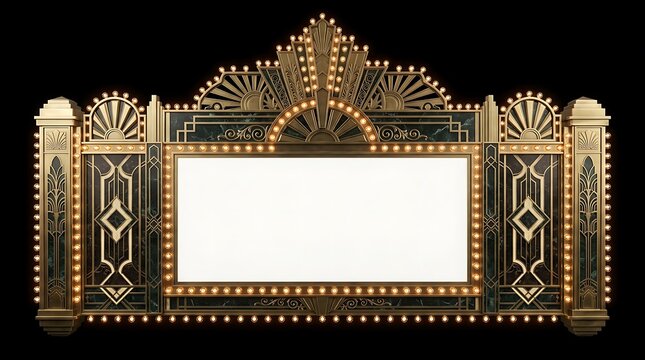 Art deco theater marquee with blank screen and glowing lights